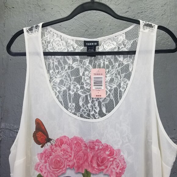 Torrid Tank Top Women XL Camisole Skull Lace Rose Butterfly Sleeveless Sheer NEW - Picture 5 of 16